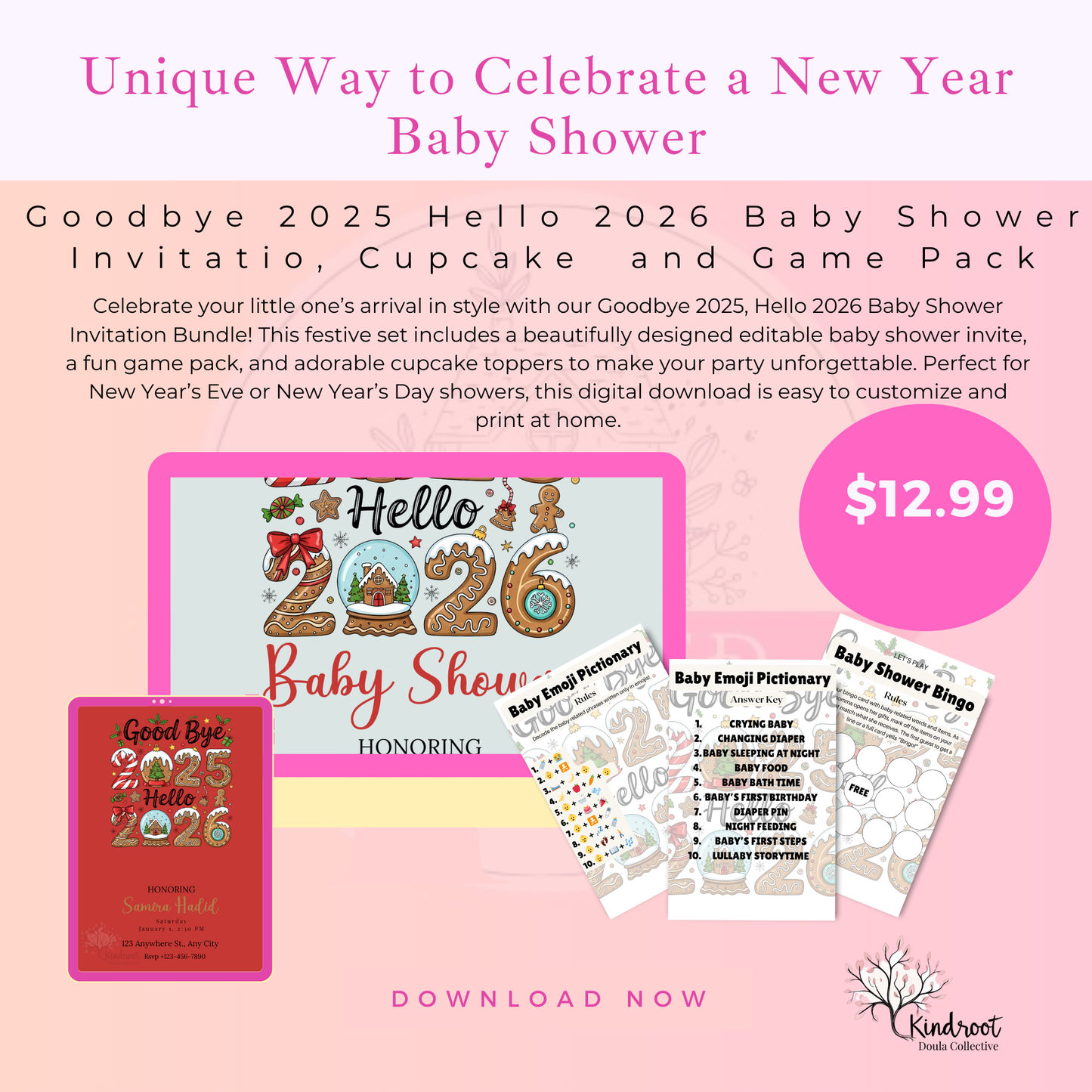 Goodbye 2025 Hello 2026 Baby Shower Invite Bundle | Editable Games + Cupcake Toppers | Digital Download
